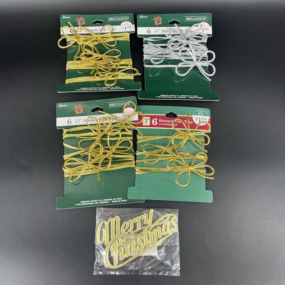 20 DieCut Gold Paper Lettering Spell-out Merry Christmas & 16 Stretch Gift Ties - Picture 1 of 11